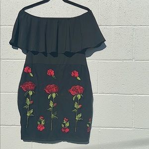 Black Dress with Red Embroidered Flowers